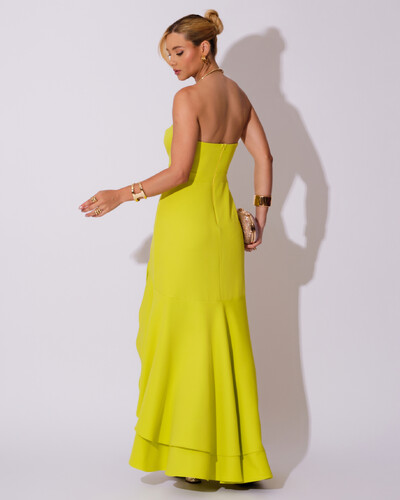 FotoVestido Longo com Fenda de Babados Alfaiataria Verde Lima New