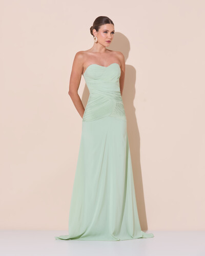 Foto Vestido de Festa Longo Decote Coração Crepe Chiffon Drapeado Plissado Lenço Verde Menta New