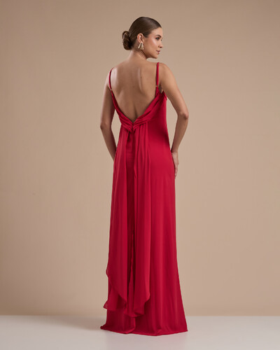 FotoVestido de Festa Longo Crepe Chiffon Costas Lenço Cauda Vermelho