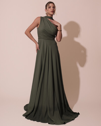 Foto Vestido de Festa Longo Crepe Chiffon Um Ombro Só Drapeado com Lenço Verde Oliva