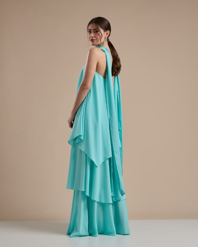 FotoVestido de Festa Longo Chiffon Crepe em Camadas com Lenço Tiffany