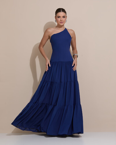 Foto Vestido de Festa Longo Um ombro Só Crepe Chiffon Saia Fluida Azul Marinho