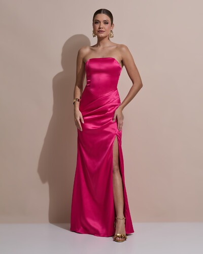 Foto Vestido De Festa Longo Tomara Que Caia Drapeado Cetim Alfaiataria Trançado Costas Pink
