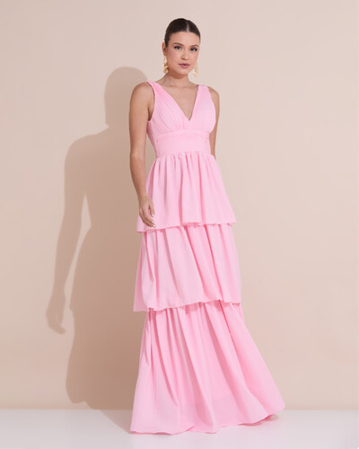 Foto Vestido de Festa Longo Decote V Crepe Chiffon Plissado Camadas Babado Rosa Claro