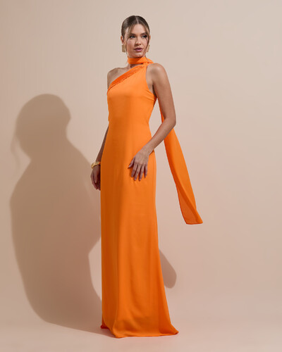Foto Vestido de Festa Longo Crepe Chiffon Um Ombro Só Drapeado Laranja