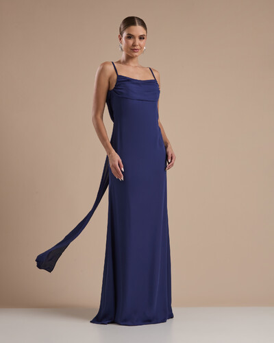 Foto Vestido de Festa Longo Crepe Chiffon Costas Lenço Cauda Azul Marinho