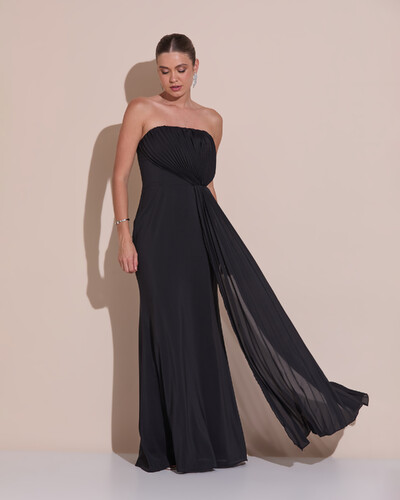 Foto Vestido de Festa Longo Tomara Que Caia Crepe Chiffon Plissado Lenço Preto