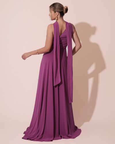 FotoVestido de Festa Longo Crepe Chiffon Um Ombro Só Drapeado com Lenço Fúcsia