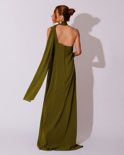 FotoVestido de Festa Longo Crepe Chiffon Um Ombro Só Drapeado Verde Oliva