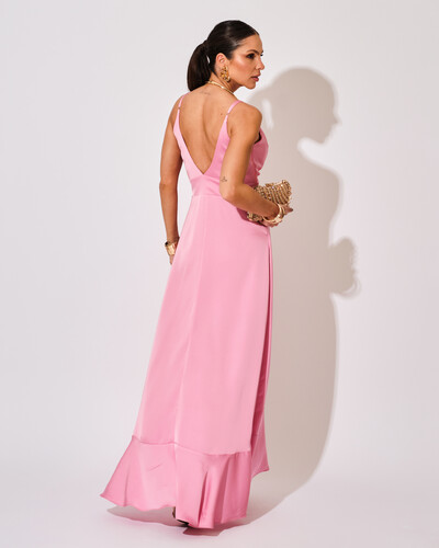 FotoVestido Midi Babado Acetinado Rosa