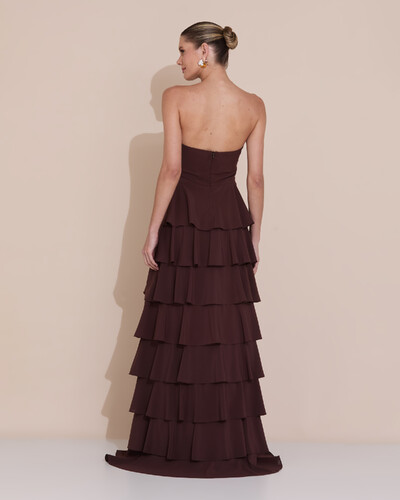 Foto Vestido de Festa Longo Crepe Chiffon Tomara que Caia Plissado Flor Camadas Marrom