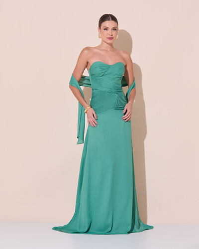 Foto Vestido de Festa Longo Decote Coração Crepe Chiffon Drapeado Plissado Lenço Verde Matcha Escuro