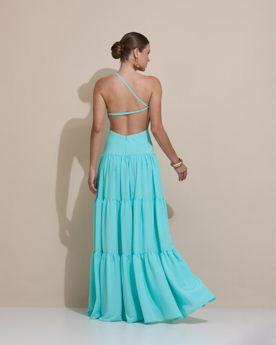 Foto Vestido de Festa Longo Um ombro Só Crepe Chiffon Saia Fluida Tiffany