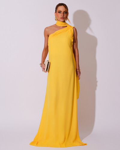 Foto Vestido de Festa Longo Crepe Chiffon Um Ombro Só Drapeado Amarelo