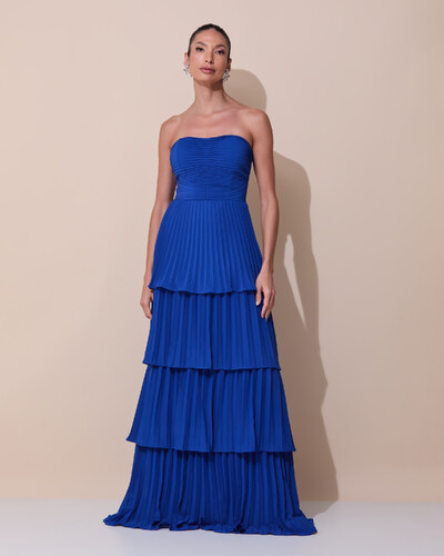 Foto Vestido de Festa Longo Tomara que Caia Crepe Chiffon Plissado Camadas Azul Royal