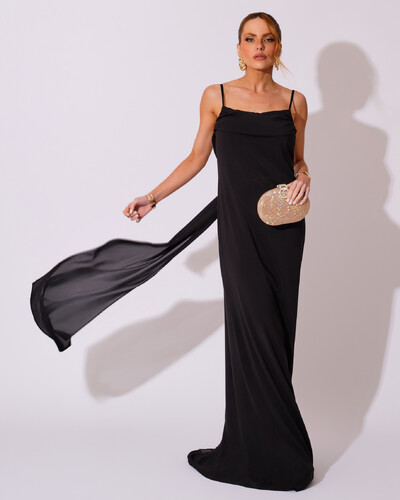 FotoVestido de Festa Longo Crepe Chiffon Costas Lenço Cauda Preto