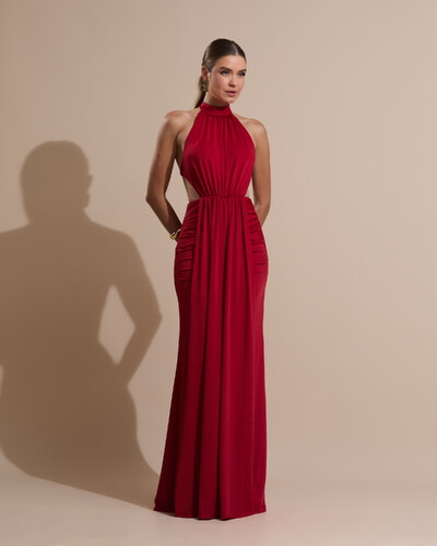 Foto Vestido de Festa Longo Malha Jersey Gola Alta Saia Sereia Vermelho Escuro