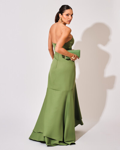 FotoVestido Longo com Fenda de Babados Alfaiataria Verde Matcha