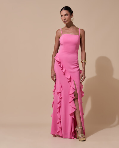 Foto Vestido de Festa Longo Alças Finas Crepe Chiffon Babado Cascata Fenda Costas V Rosa