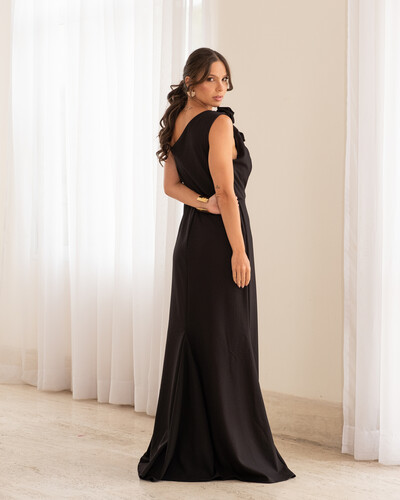 FotoVestido Longo Alfaiataria Um Ombro Flor Preto