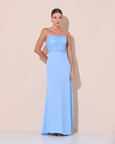 Foto Vestido de Festa Longo Ombro a Ombro Plissado Crepe Chiffon Capa Flor 3D Serenity