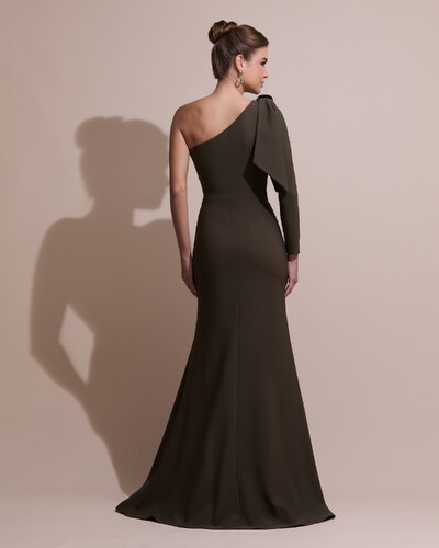 FotoVestido de Festa com Laço de Um Ombro em Alfaiataria Fenda Verde Oliva