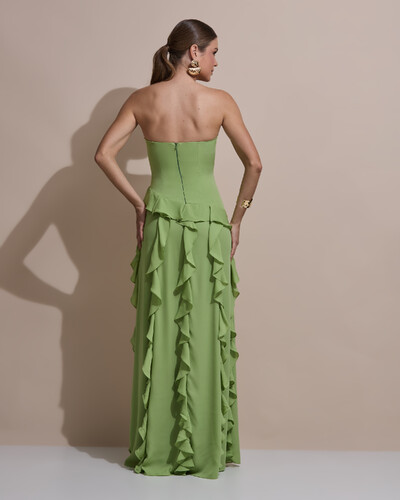 Foto Vestido de festa Longo Tomara que Caia Crepe Chiffon com Bababos Cascata e Fenda Verde Garden