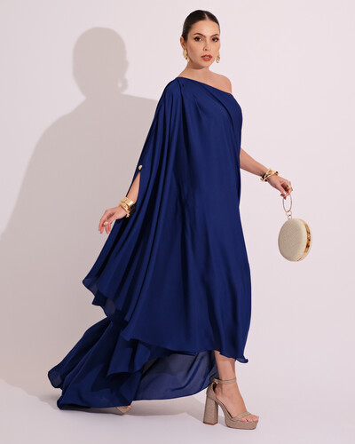 Foto Vestido de Festa um Ombro com Capa Crepe Fluido Azul Marinho