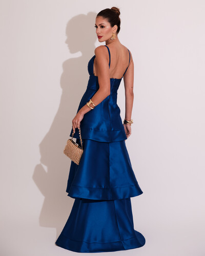 FotoVestido de Festa Longo Zibeline em Camadas Decote em V com Alças Azul Royal