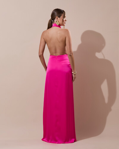 FotoVestido de Festa Longo Cetim Frente Única Degagê com Faixa Drapeada Pink