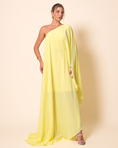 Foto Vestido de Festa um Ombro com Capa Crepe Fluido Amarelo Manteiga