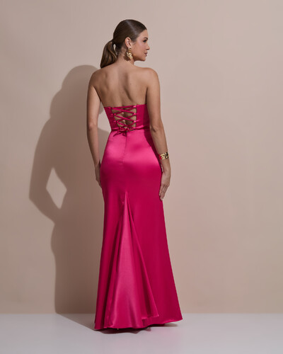 Foto Vestido De Festa Longo Tomara Que Caia Drapeado Cetim Alfaiataria Trançado Costas Pink