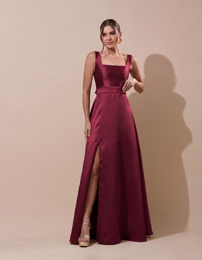 Foto Vestido de Festa Longo Zibeline com Fenda e Faixa Marsala Escuro