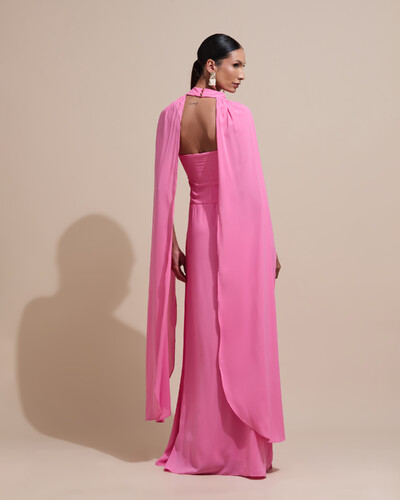 Foto Vestido de Festa Longo Tomara Que Caia Crepe Chiffon Drapeado Capa Rosa