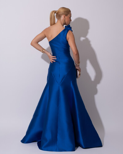 FotoVestido de Festa Longo Zibeline um Ombro Só Flor Removível Saia Sereia Azul Royal