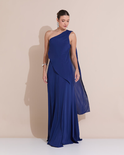 Foto Vestido de Festa Longo Um Ombro Só Crepe Chiffon Lenço Azul Marinho