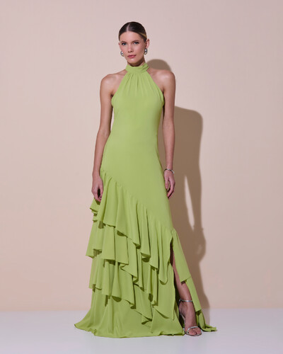 Foto Vestido de Festa Longo Chiffon Crepe Gola Alta Babados Verde Claro