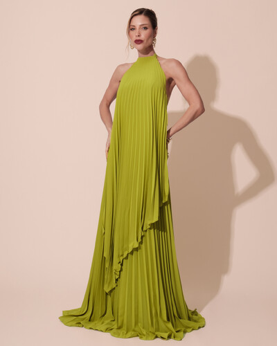 Foto Vestidos de Festa Longo Chiffon Fluido Frente Única Plissado Duplo Verde Pistache