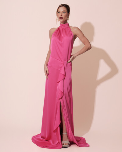 Foto Vestido Longo de Festa Cetim Fluido Gola Alta e Babado Cascata Pink