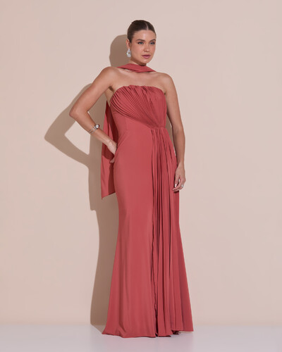 Foto Vestido de Festa Longo Tomara Que Caia Crepe Chiffon Plissado Lenço Terracota