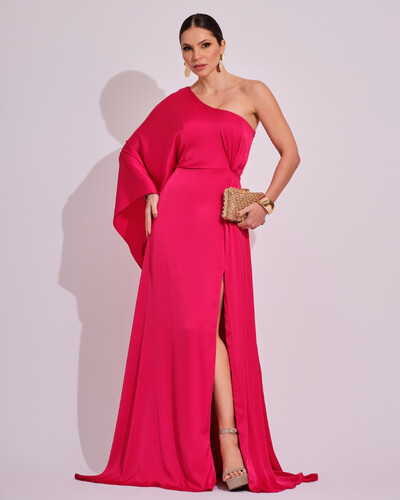 FotoVestido Longo de Cetim Fluido uma Manga e Detalhe Torcido Pink