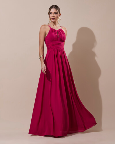 Foto Vestido de Festa Longo Crepe Chiffon Drapeado com Alças e Saia Fluida Cereja