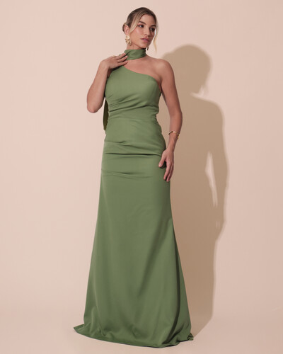 Foto Vestido de Festa Longo Alfaiataria Um Ombro Só Detalhe Drapeado Verde Matcha
