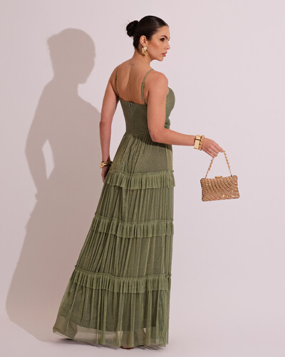 FotoVestido de Festa Longo Tule com Saia Babado Verde Oliva