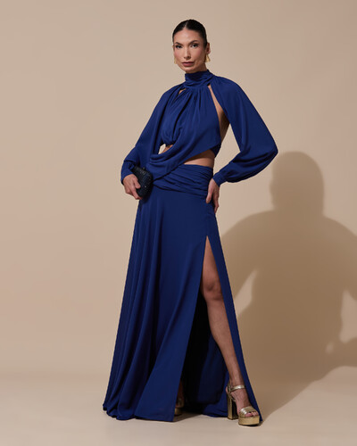 Foto Vestido de Festa Longo Gola Alta Crepe Chiffon Recortes Drapeado Manga Longa Fenda Azul Marinho