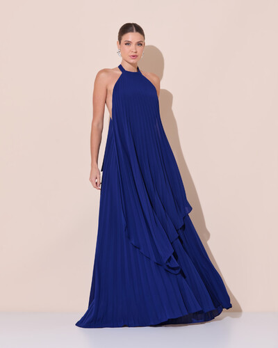Foto Vestidos de Festa Longo Chiffon Fluido Frente Única Plissado Duplo Azul Marinho