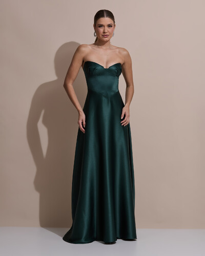 Foto Vestido de Festa Longo Tomara que Caia Decote Coração Cetim Cruzado Costas Verde Escuro