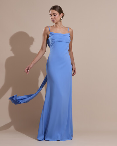 Foto Vestido de Festa Longo Crepe Chiffon Costas Lenço Cauda Azul Atlantis