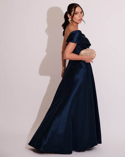 FotoVestido de Festa longo Faixa Ombro e Fenda Zibeline Azul Marinho