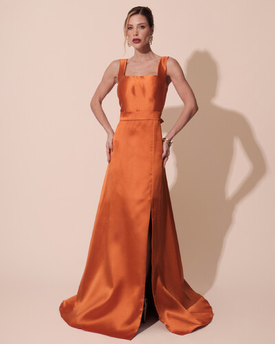 Foto Vestido de Festa Longo Zibeline com Fenda e Faixa Terracota